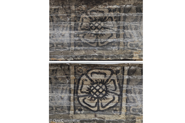 Before and after detail of wall painting cleaning at Calverley Old Hall