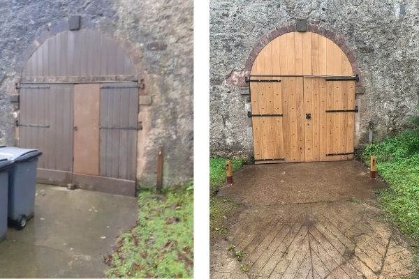 Before and after restoration of Saddell Coach House entrance gates