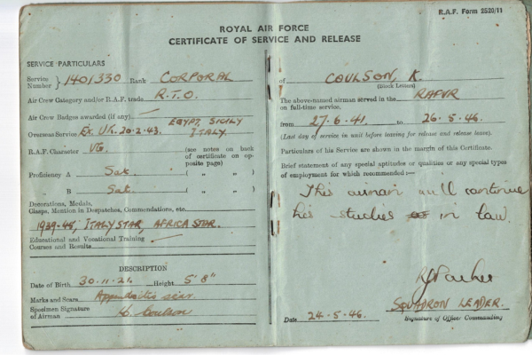 Kenneth Coulson discharge papers