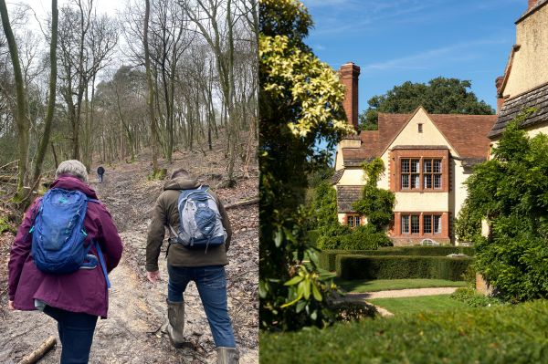 People walking through the forest and an exterior of a large yellow and red brick building