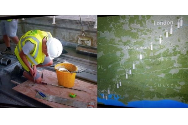 Craftsman restoring Semaphore Tower and map of the original row of semaphore signals from London to Portsmouth