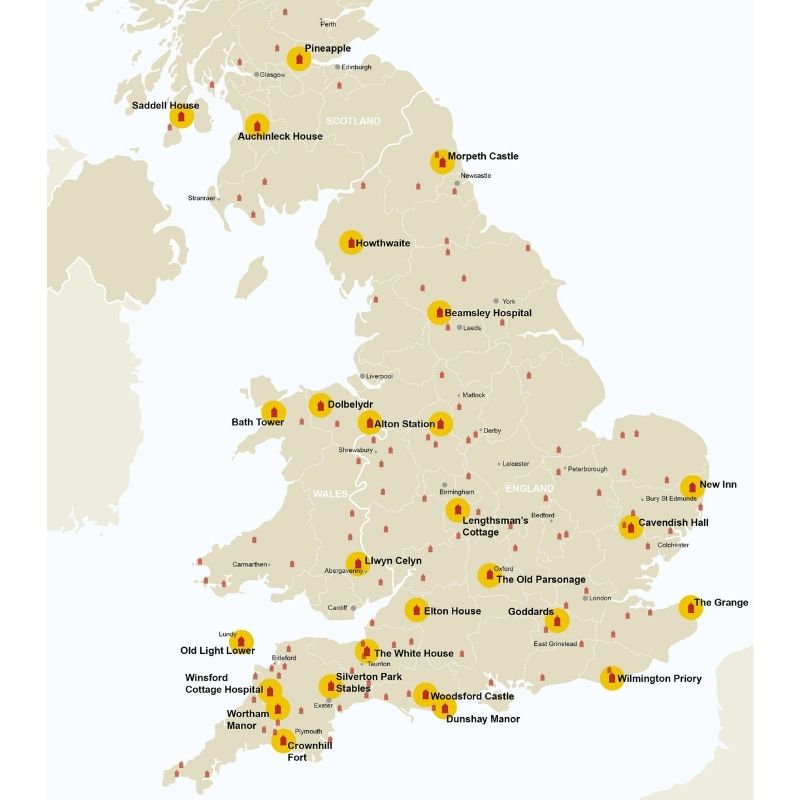 A map of the UK listing available Landmarks within the 50 for Free scheme.