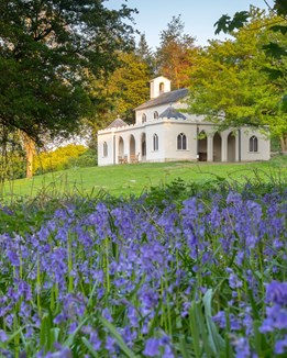 An italianate white folly surrounded by bluebells