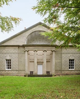Exterior of Ingestre Pavilion with trees in foreground