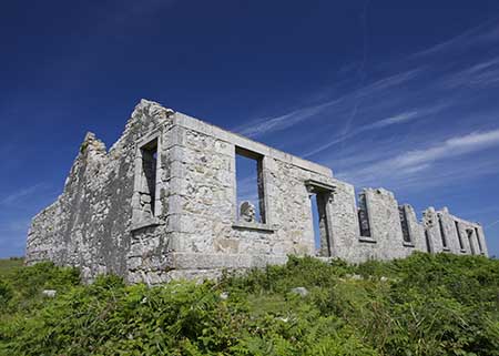 Grey brick ruin of a single-storey building with no roof on the edge of a cliff with views of the sky beyond