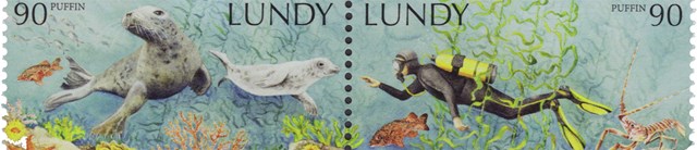 Two Lundy Stamps: watercolour depictions of seals and diver under the sea