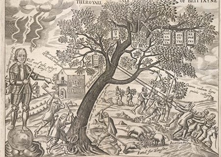Wood engraving of Felling the Royal Oak of Britain from 1649