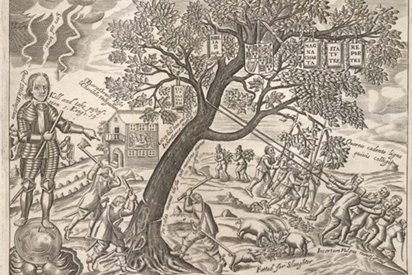 Wood engraving of Felling the Royal Oak of Britain from 1649