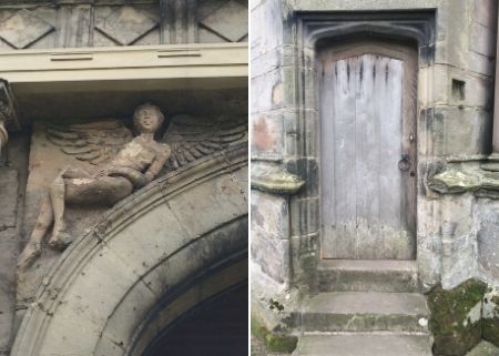The reclining angel in the stonework arch and steps up to the doorway at Tixall Gatehouse in Staffordshire that inspired Liz Berry's poetry