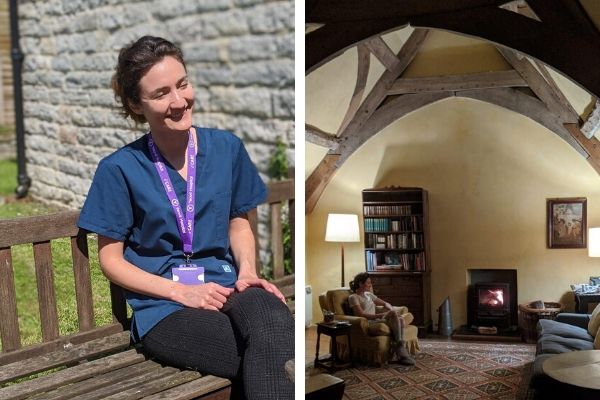 Dr Sally Manley sat on a bench outside Gurney Manor and enjoying the fire in the sitting room