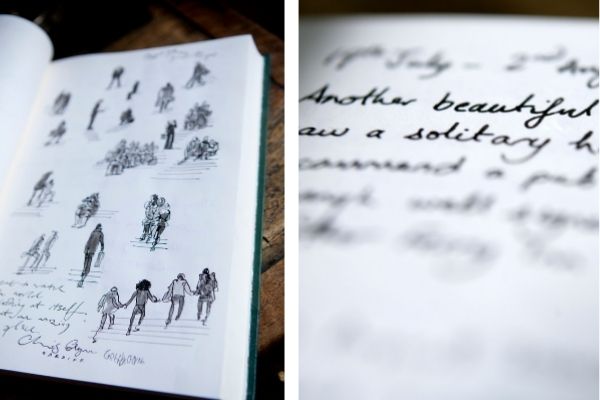 Two images side by side of close up logbook shots. People are sketched in ink on the left and the right is a partial view of a handwritten entry.