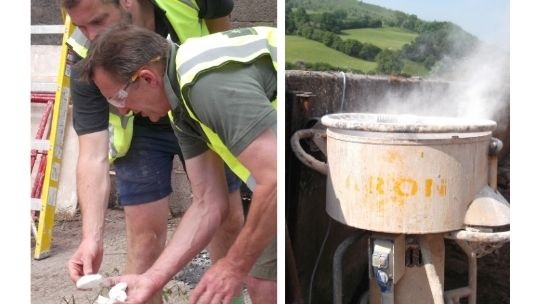 Nigel and Scott from Ty Mawr showing volunteers quicklime from our kiln also known as burnt lime and the mixing machine at work