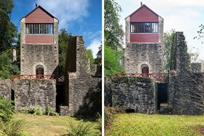 Danescombe Mine exterior before and after window replacement 2023