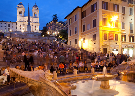 Piazza di Spagna Spanish Steps view from fountain up the steps in the evening