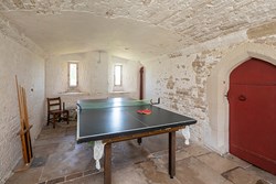 Whitewashed cellar with wooden door and table tennis table in the centre