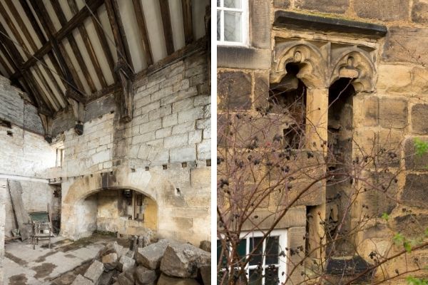 Calverley Old Hall's great hall with its fire place and medieval window tracery