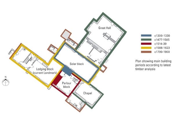 Calverley Old Hall plan showing main building periods according to latest timber analysis