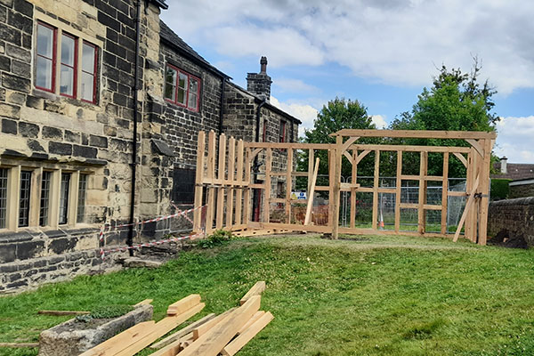 Calverley Old Hall SWAP Week 2 - timber frame construction upright with sides