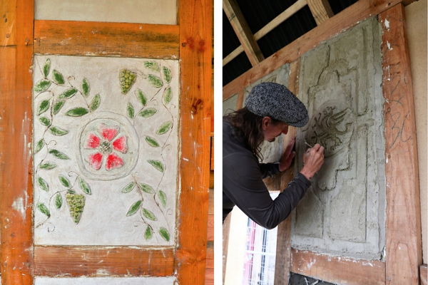 Lime plaster panels at Calverley Old Hall SWAP - decorated panels with a rose and a griffin or dragon
