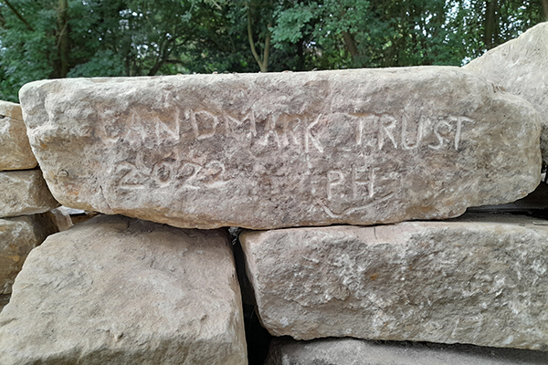 Calverley Old Hall SWAP week 6 - drystone walling engraved "Landmark Trust 2020 P.H"