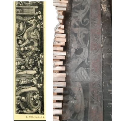 A side by side of a print with intricate birds and columns, beside the newly discovered wall painting.