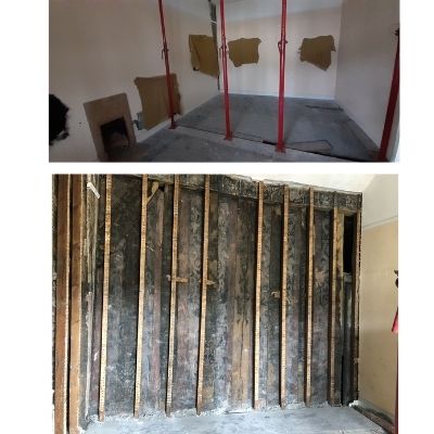 Two images comparing the contents of a room. The top image is an empty room with magnolia walls and painted sections. The lower image reveals a large wall painting behind the paint.