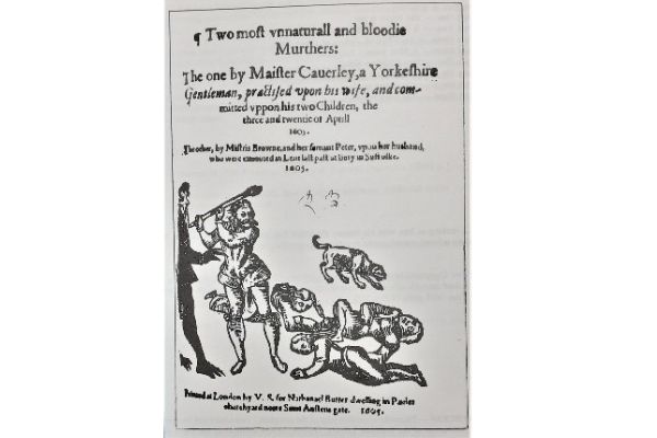 Cover of the 1605 pamphlet shows Walter Calverley in the act of murdering his young sons, egged on by the Devil