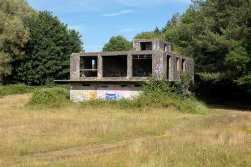 A grey, derelict building surrounded by greenery