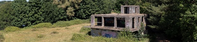 A grey, derelict building surrounded by greenery