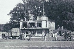 A black and white image of soldiers from 1944 outside RAF Ibsley