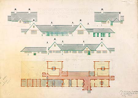 Original pen and ink floor plan by Voysey for Winsford Cottage Hospital 